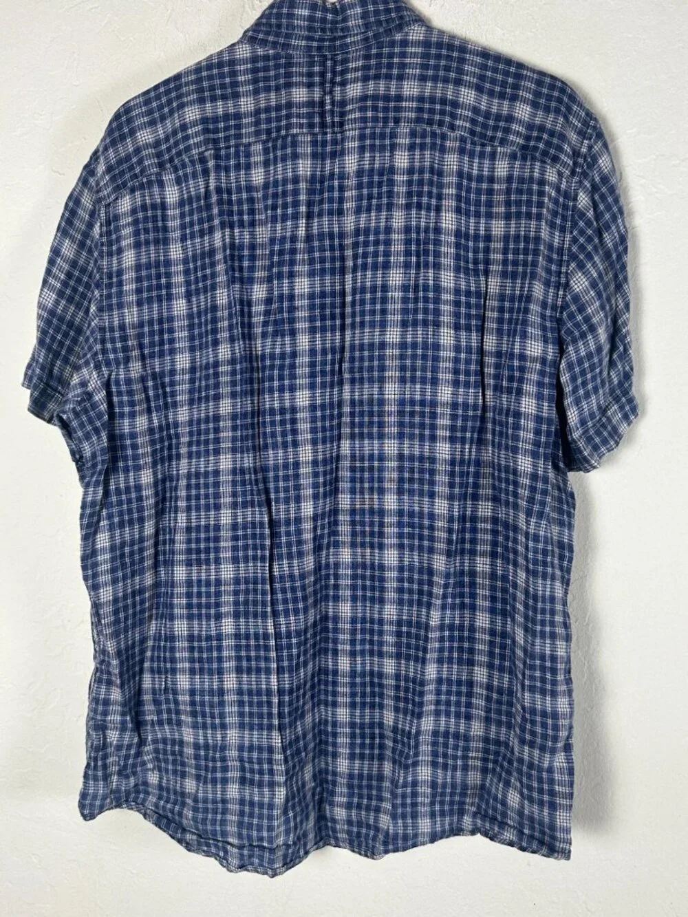 Banana Republic Mens Blue Plaid Linen Button-Down Short Sleeve Shirt Camden Fit